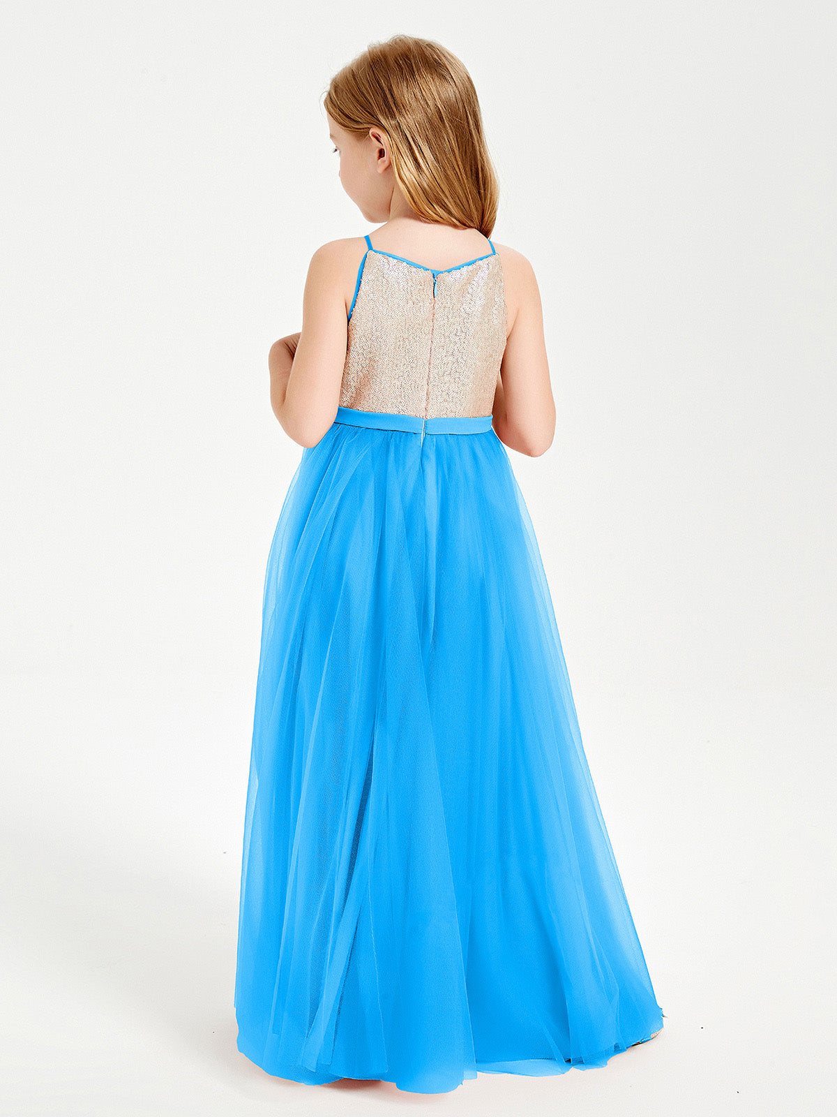 Sequined Top Long Tulle Junior Bridesmaid Gown Ocean Blue